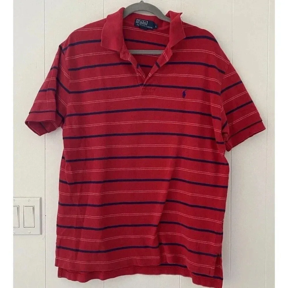 Polo Ralph Lauren Shirt Men's Large Red Navy Stripe Polo